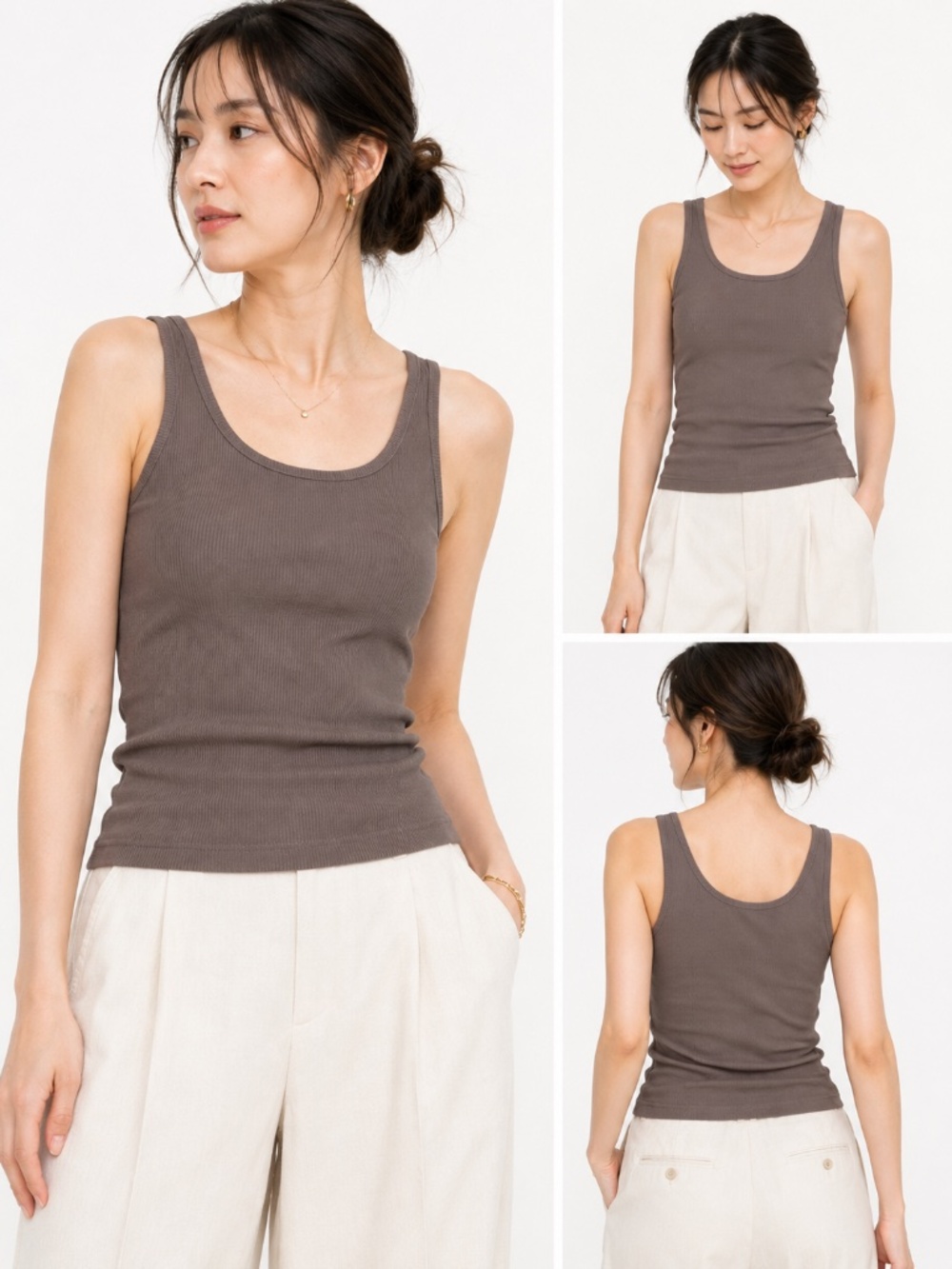 Le.coeur blanc Taupe Ribbed Stretch Cotton Tank Top Size 38 S Minimalist Japan
